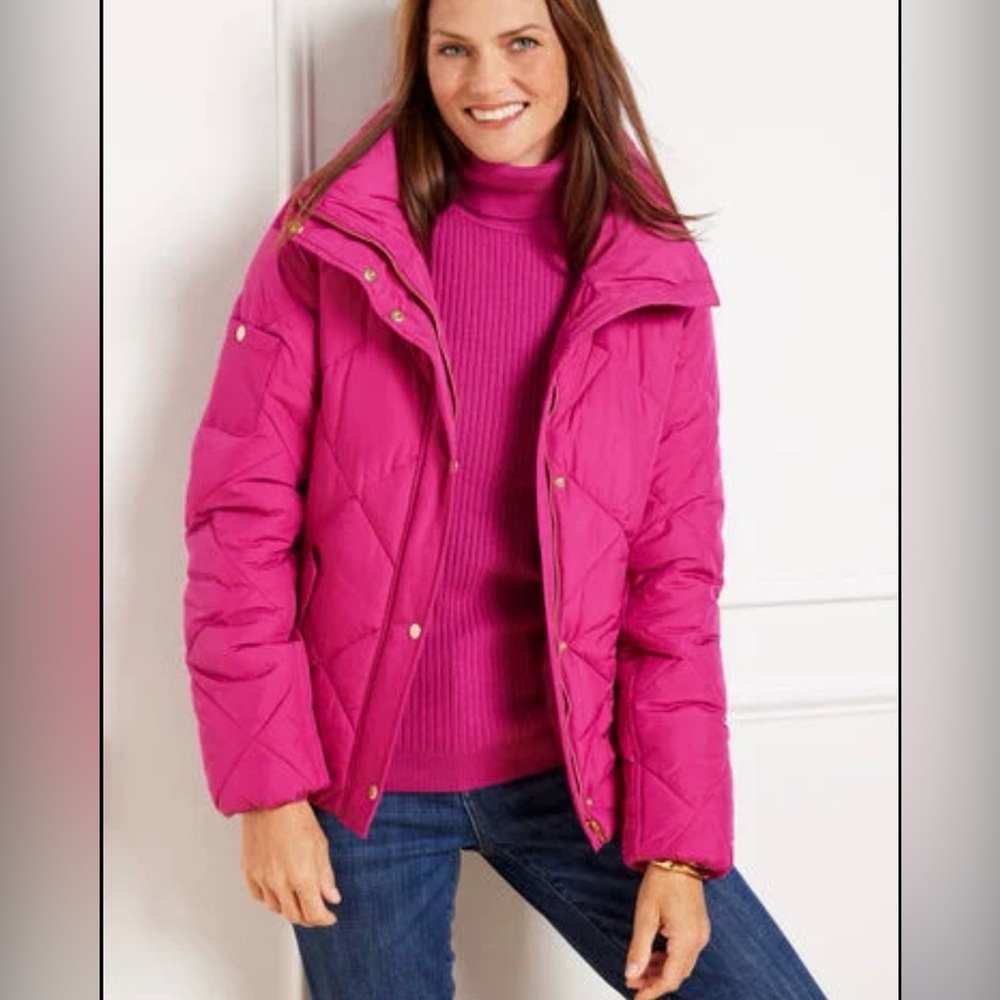 Talbots Vivid Berry Fuchsia Pink Diamond Quilted Solid Puffer Jacket Size M